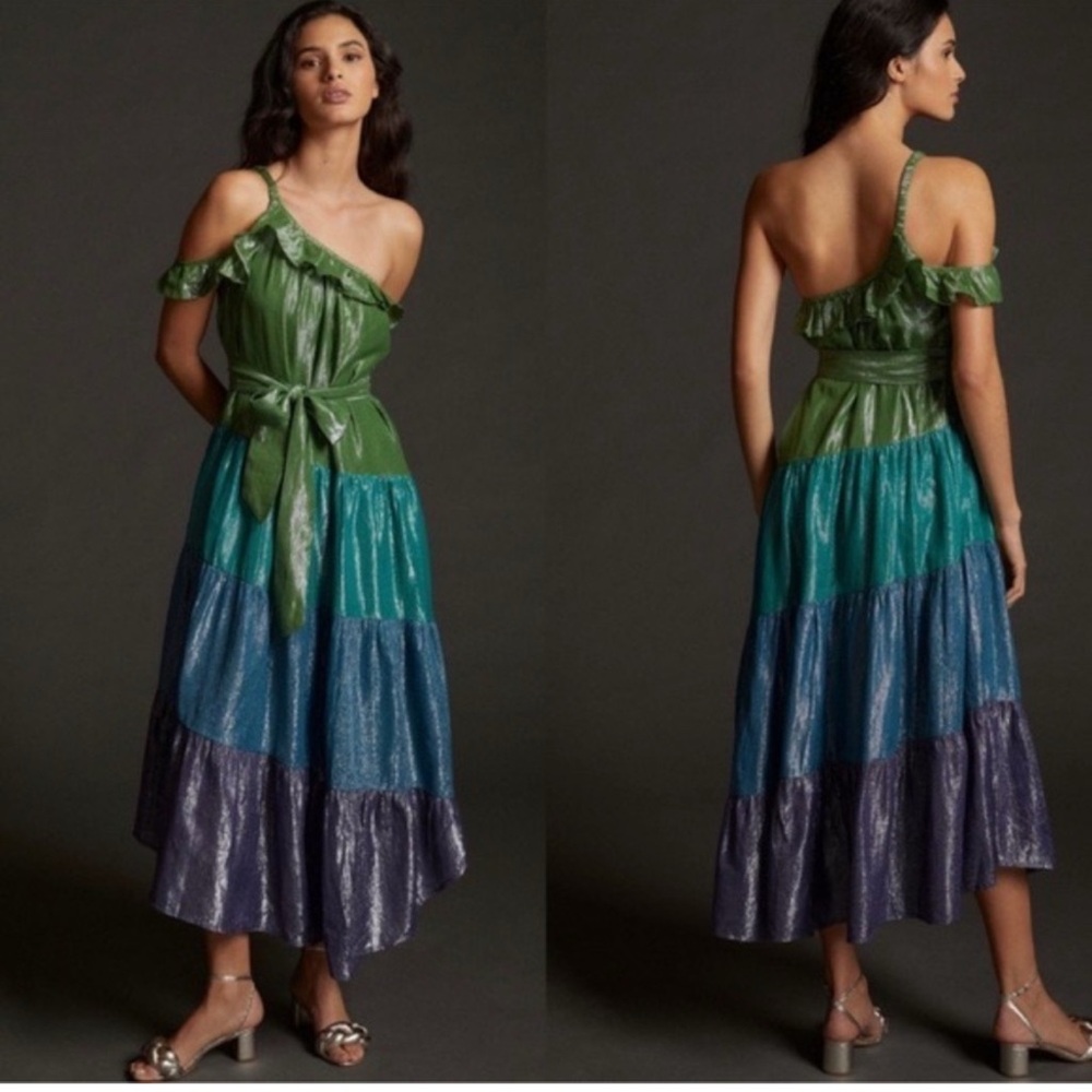 Women Maeve By Anthropologie One Shoulder Metallic MIDI Maxi Tiered Dress -XS